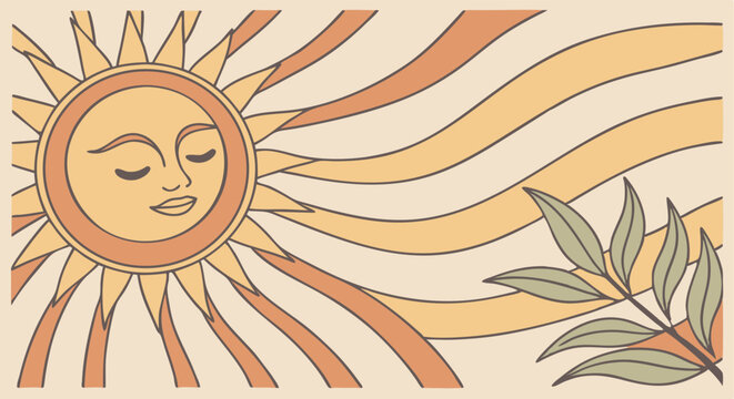 Summer horizontal abstract background with bright retro groovy sun and text Summer. Modern art minimalist style design template for sales, horizontal poster, header, cover, social media, fashion ads