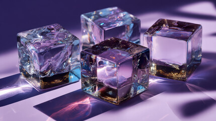 Poster - Glass square composition of crystal cubes or blocks with light dispersion and refraction effect, angle view. Clear boxes of acrylic or plexiglass isolated on purple background, 3d render illustration