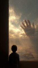Poster - Child silhouetted against window, gazing at large hand reaching from cloudy sky, evoking themes of longing, hope, and the unknown