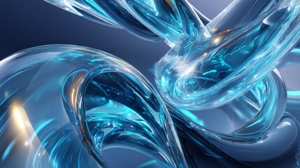 Poster - Abstract geometric blue background with glass spiral tubes, flow clear fluid with dispersion and refraction effect, crystal composition of flexible twisted pipes, modern 3d wallpaper, design element