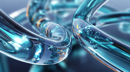 Poster - Abstract geometric blue background with glass spiral tubes, flow clear fluid with dispersion and refraction effect, crystal composition of flexible twisted pipes, modern 3d wallpaper, design element
