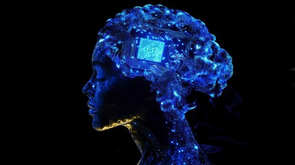 Poster - Glowing female profile with a computer chip inside her head, symbolizing AI and technology.