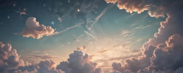 Wall Mural - distressed paper, retro sky, geometric clouds, stars , card, paper texture
