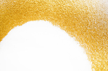 Poster - Golden glitter sand texture frame on white, abstract background with copy space. Yellow dusty shimmer decoration border, shiny and sparkling. Holidays and glamour concept.