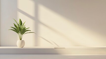 Poster - Minimalist interior scene with a potted plant on a window sill, bathed in sunlight against a white wall.