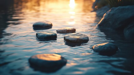 Poster - Stepping stones in calm river water at sunset.