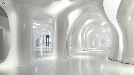 Poster - Futuristic white corridor with organic, flowing shapes and smooth surfaces.