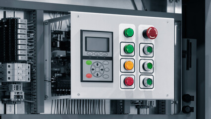 Poster - Control panel with screen and buttons for controlling the power distribution unit between consumers at an industrial plant