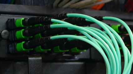 Poster - A row of cables . The cables are connected to a black box. Internet and communications concept