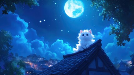  A fluffy white kitten sits atop a rooftop under a large, bright moon at night, overlooking a quaint village