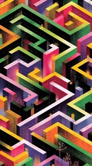 Poster - Complex and intricate isometric maze with vibrant colors representing challenge, strategy, problem solving, and the search for solutions in a visually captivating manner
