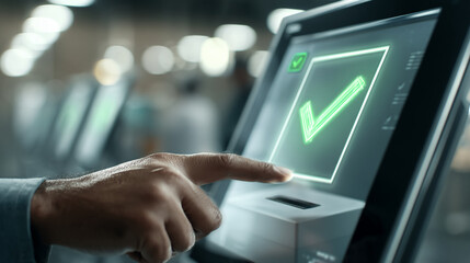 Poster - Close-up of a finger interacting with a touchscreen kiosk displaying a glowing green checkmark, symbolizing approval, confirmation, or successful transaction