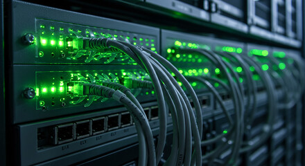 Poster - Network cables connected to servers in a data center, generating green lights
