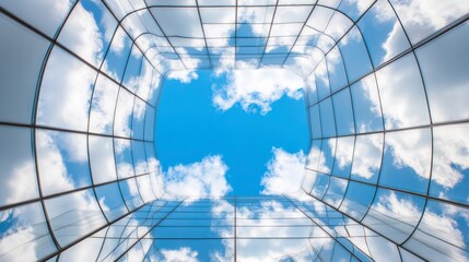 Poster - Sky view through modern building's glass facade, reflecting clouds and blue sky.