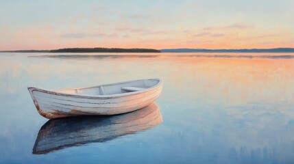 Poster - Serene sunset over calm lake with single white rowboat.