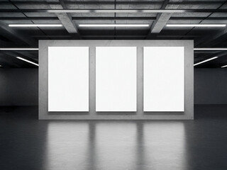 Wall Mural - Three vertical blank posters on a concrete wall in a modern dark interior gallery or showroom space. Ideal for mockup, advertisement display, or minimalist design presentation.