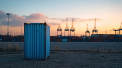 Poster - Single shipping container at sunset with port cranes and containers in background.