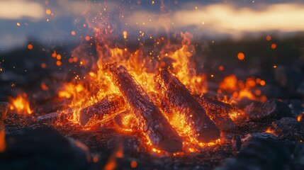 Aufkleber - A vibrant bonfire burning brightly at dusk, embers glowing with intense heat.