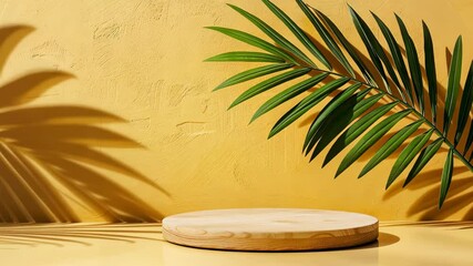 Fototapete - Podium Display with Lush Foliage: A minimalist display stage in a natural setting, adorned with vibrant tropical leaves, evoking a sense of serenity, ideal for showcasing products.
