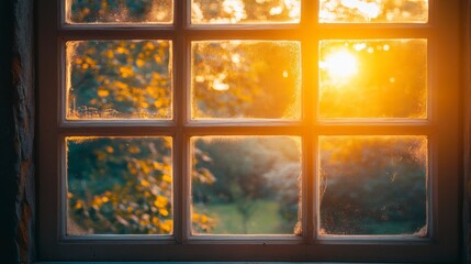 Poster - Sunset view through a rustic window pane.