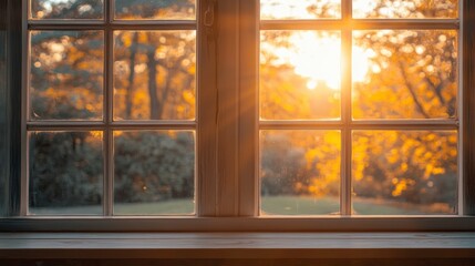 Poster - Warm sunset light through a window pane, autumnal foliage outside.