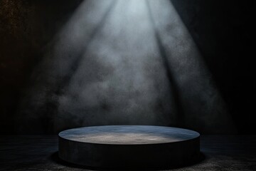 Wall Mural - a dark, smoky room is illuminated by a spotlight centered on a low, circular concrete pedestal. the 