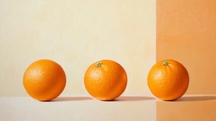 Poster - Three ripe oranges in a row against a pale orange and yellow background.