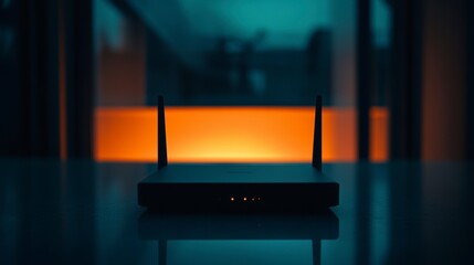 Aufkleber - Modern Wi-Fi router on glass table, illuminated by warm background light.