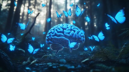 Aufkleber - Glowing brain surrounded by blue butterflies in a dark forest. (2)