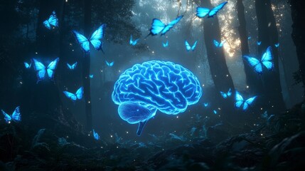 Poster - Glowing brain surrounded by blue butterflies in a dark forest.