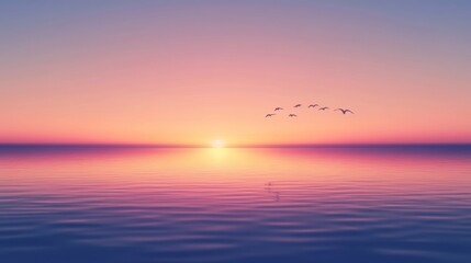 Poster - Serene sunset over calm ocean with birds in flight.