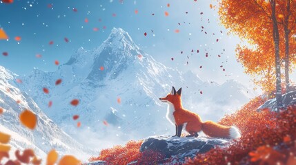 Poster - Red fox sits on rock, autumn leaves fall, snowy mountain background.