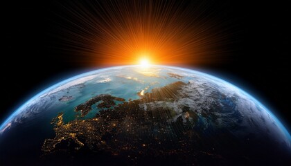 spectacular sunrise over earth space view isolated on black background copy space poster for ad radi