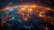 © btiger - Glowing illuminated digital map of the world showing network connections and city lights with warm orange and cool blue tones