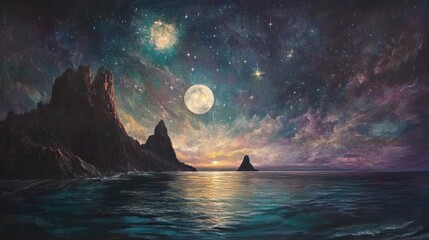 Poster - Surreal night seascape with vibrant sky, moon, stars, and rocky islands.