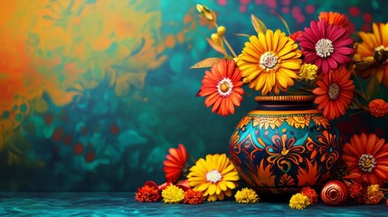Poster - Vibrant autumn flowers in a decorative vase against a teal background.