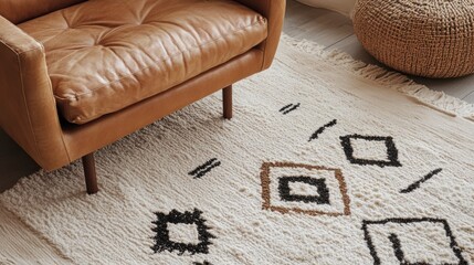 Poster - Brown leather armchair on a cream rug with geometric pattern in a modern room.
