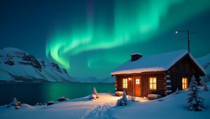 serene winter cabin illuminated by northern lights under aurora borealis displaying over icy fjords 