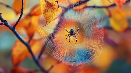 Wall Mural - Autumnal spider in intricate web among colorful leaves.