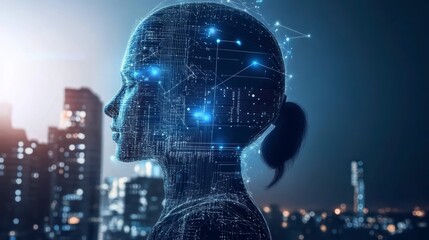 Aufkleber - AI female robot head profile, futuristic city backdrop.