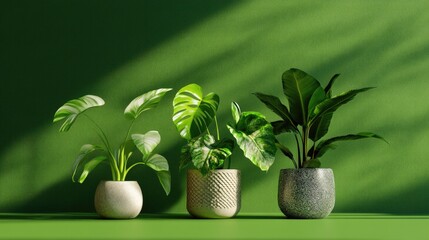 Poster - A soft green background complementing three unique potted houseplants