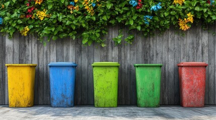 Poster - A rustic concrete bin holding colorful recyclables in a clean urban setting