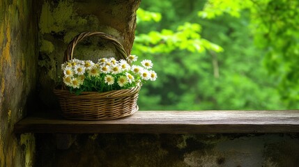 Poster - A cozy interior featuring a basket of daisies on a rustic wooden shelf