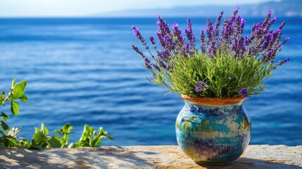 Poster - A burst of purple lavender by the ocean in a colorfully glazed pot