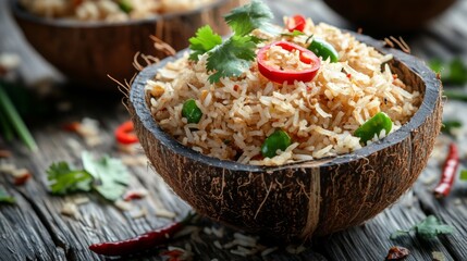 Poster - An artistic shot of fried rice being served in a coconut shell, topped with sliced chili and fresh cilantro, capturing the tropical essence of this dish.