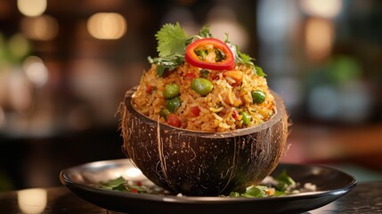 Poster - An artistic shot of fried rice being served in a coconut shell, topped with sliced chili and fresh cilantro, capturing the tropical essence of this dish.