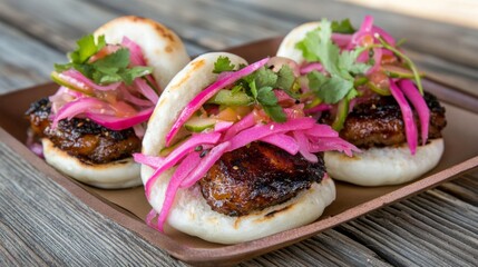 Poster - A beautifully presented pork belly bao bun, topped with pickled vegetables and cilantro, set on a wooden table with soft natural lighting.