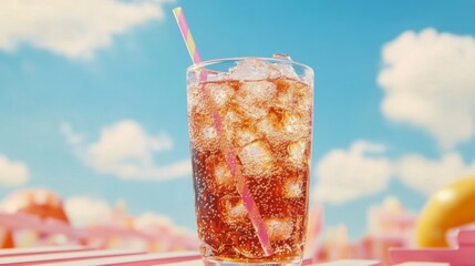 Fototapete - A bubbly soda in a vintage-style glass, with ice cubes and colorful straws, sitting on a bright picnic table under a sunny sky.