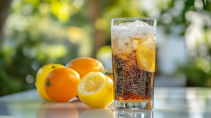 Poster - A bubbly soda with ice in a modern glass, surrounded by fresh fruit, showcasing a refreshing drink ready for summer enjoyment.