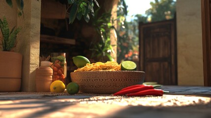 Poster - A charming setup with instant noodles in a bowl, surrounded by fresh ingredients like chili peppers, lime, and garlic, creating a colorful and appetizing display.